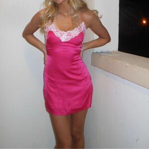 Beginning boutique pink satin with lace trim dress